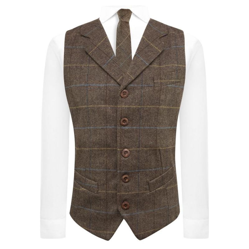 king & Priory Walnut Brown Herringbone Check Waistcoat With Lapel