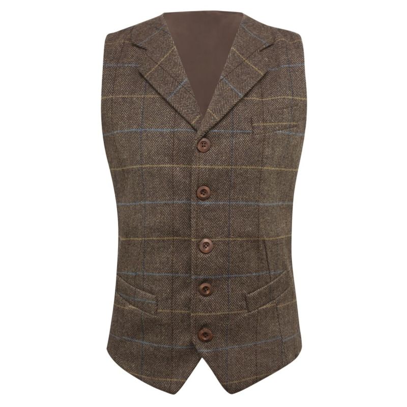king & Priory Walnut Brown Herringbone Check Waistcoat With Lapel