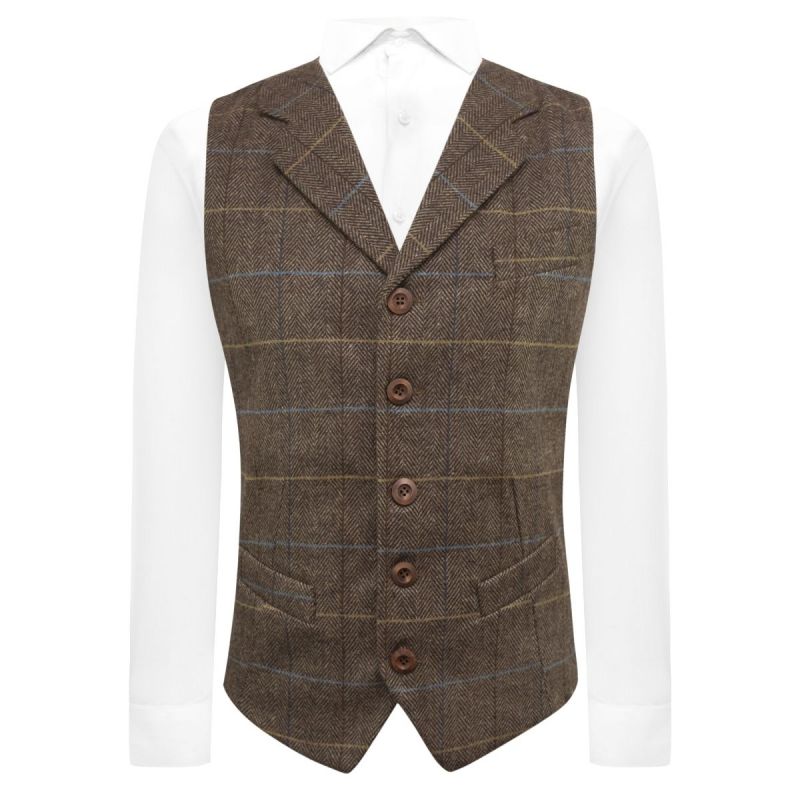 king & priory Walnut Brown Herringbone Check Waistcoat with Lapel