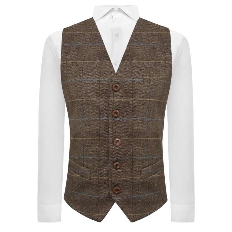 king & priory Walnut Brown Herringbone Check Waistcoat
