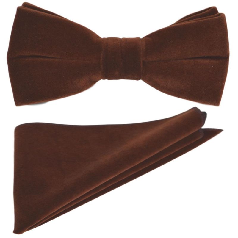 King & Priory Walnut Brown Velvet Bow Tie & Pocket Square Set