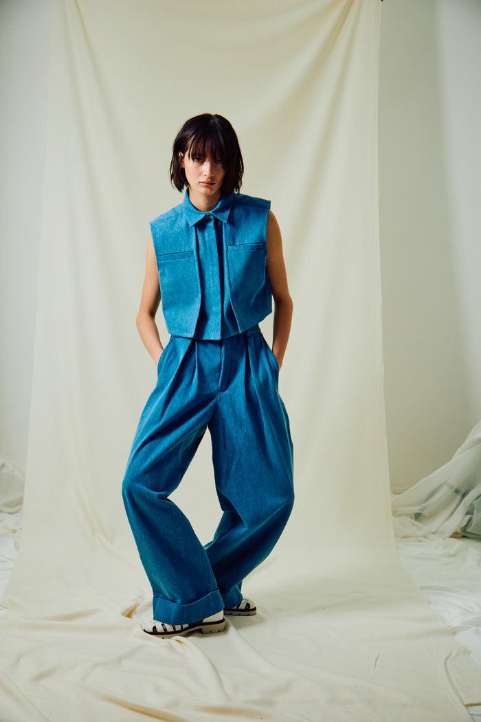 king & tuckfield Crop Shirt BLUE