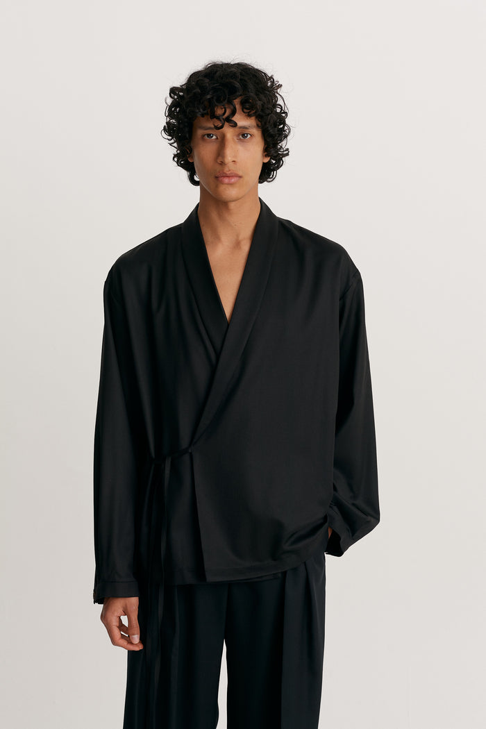 king & tuckfield LS Wrap Tie Shirt BLACK