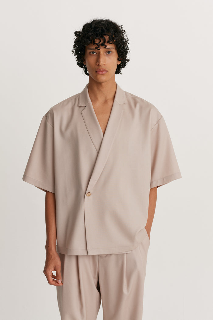 king & tuckfield Notch Collar Wool Wrap Shirt GREY