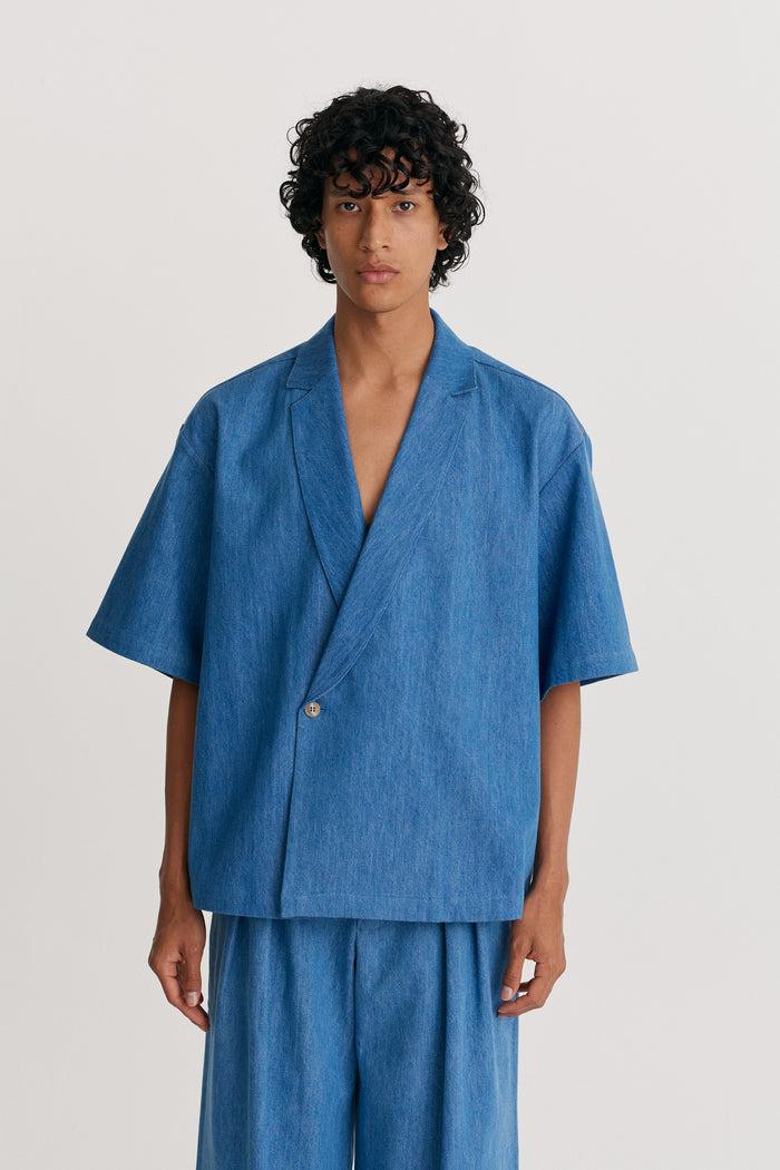 King & Tuckfield Notch Collar Wrap Shirt BLUE