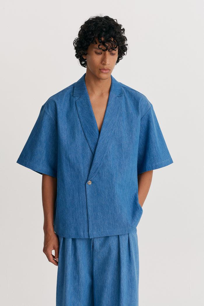 king & tuckfield Notch Collar Wrap Shirt BLUE