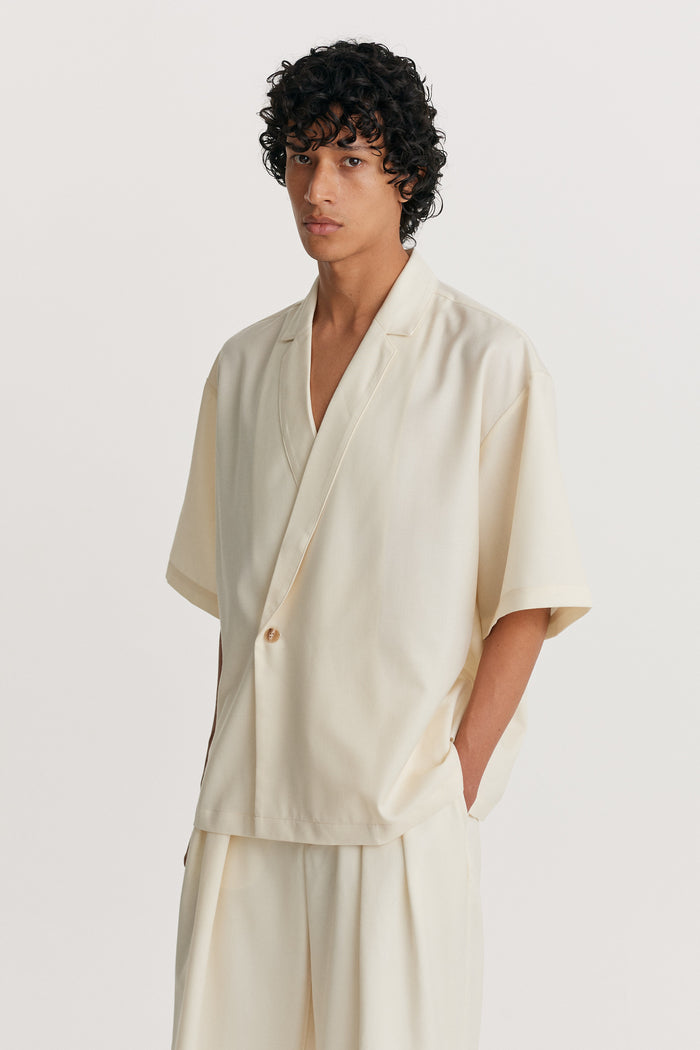 king & tuckfield Notch Collar Wool Wrap Shirt VANILLA