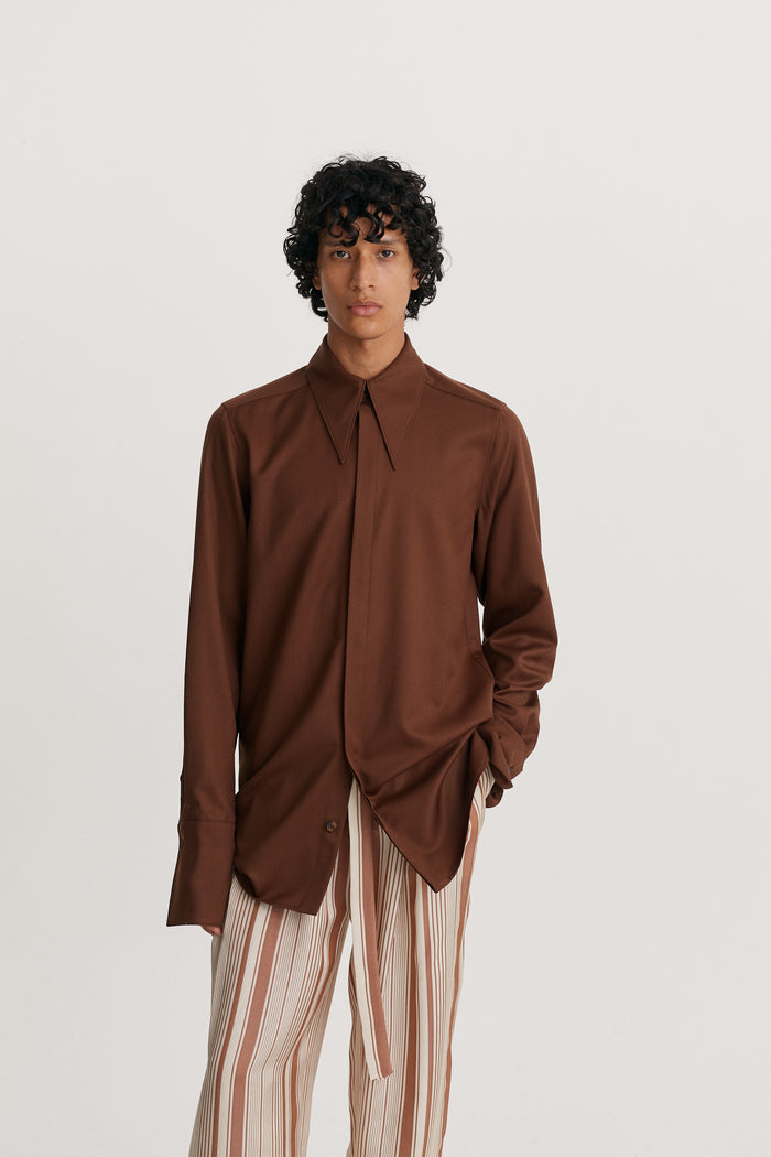 king & tuckfield Pointed Collar Long Line Shirt BROWN