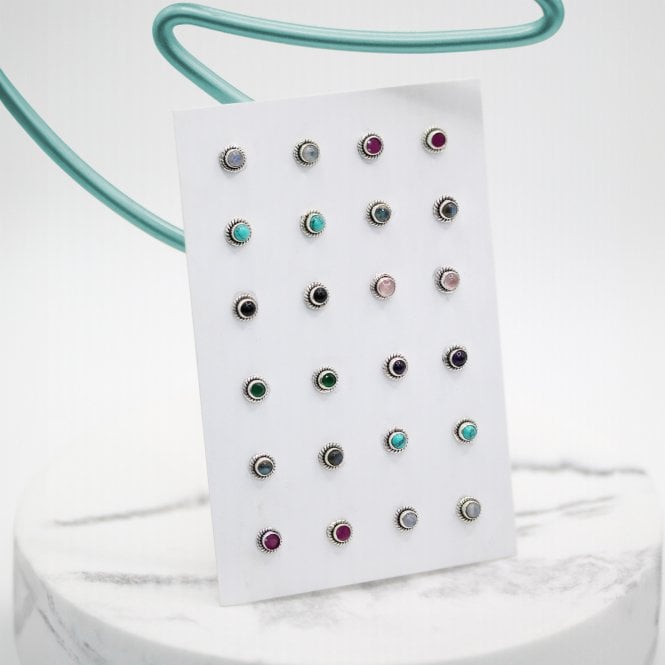 kingsley ryan Handmade Indian Ear Studs with Round Semi-Precious Stones - 3mm