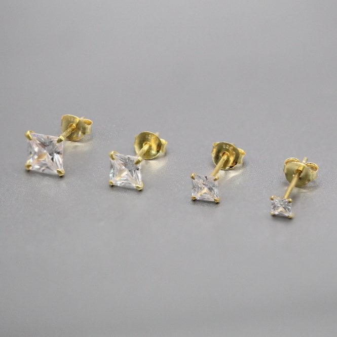 kingsley ryan Gold Square Clear CZ Ear Studs 3 - 6mm