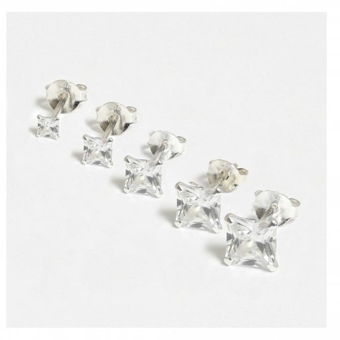 kingsley ryan Silver Square Clear CZ Ear Studs 2 - 6mm