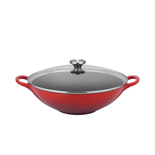 kitchengrips Wok with Glass Lid Cerise Enameled Cast Iron