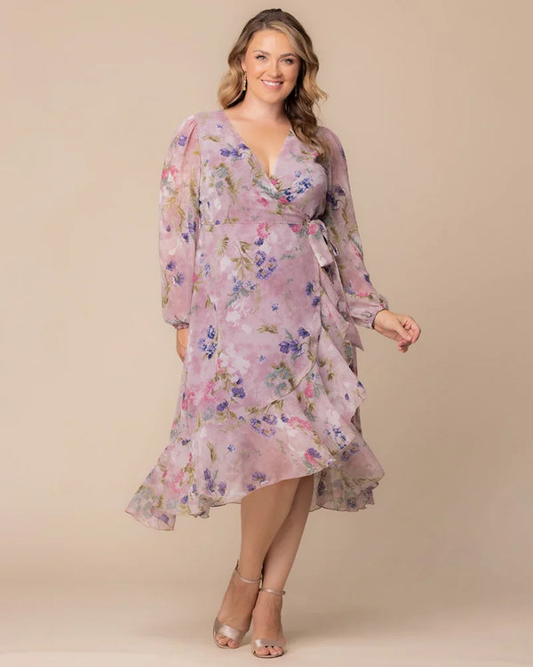 Kiyonna Clara Chiffon Long Sleeve Wrap Dress - Sale