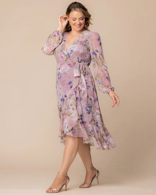 Kiyonna Clara Chiffon Long Sleeve Wrap Dress - Sale