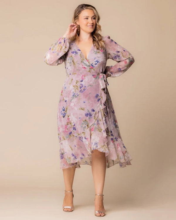 kiyonna Clara Chiffon Long Sleeve Wrap Dress - Sale