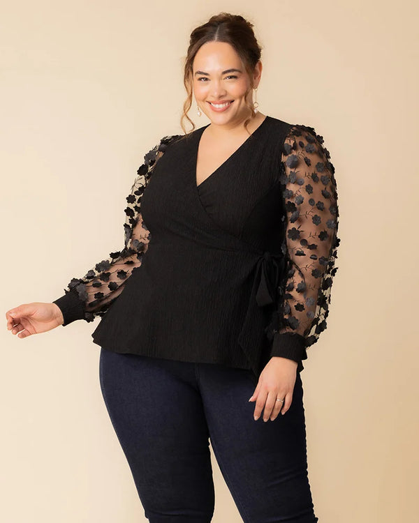 kiyonna Scattered Petals Long Sleeve Wrap Top
