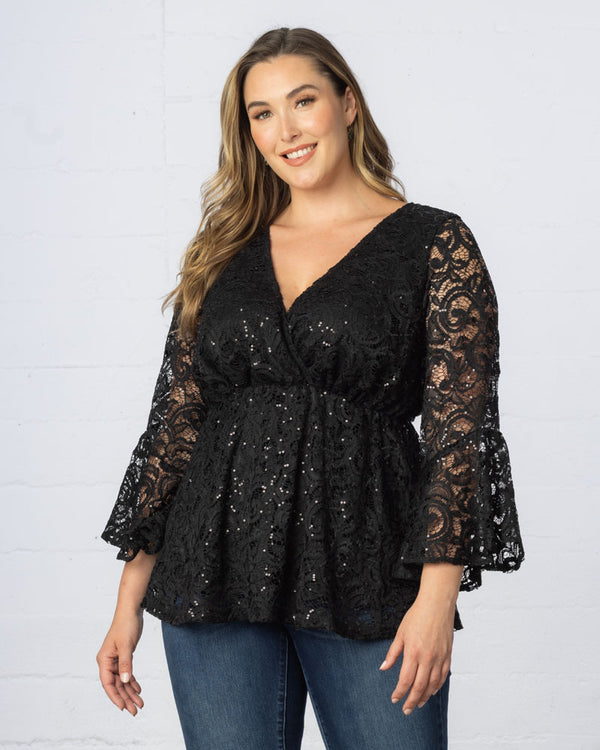 Kiyonna Sequin Sparkle Bell Sleeve Lace Top - Sale