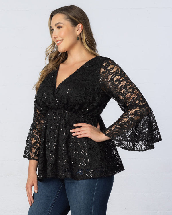 Kiyonna Sequin Sparkle Bell Sleeve Lace Top - Sale