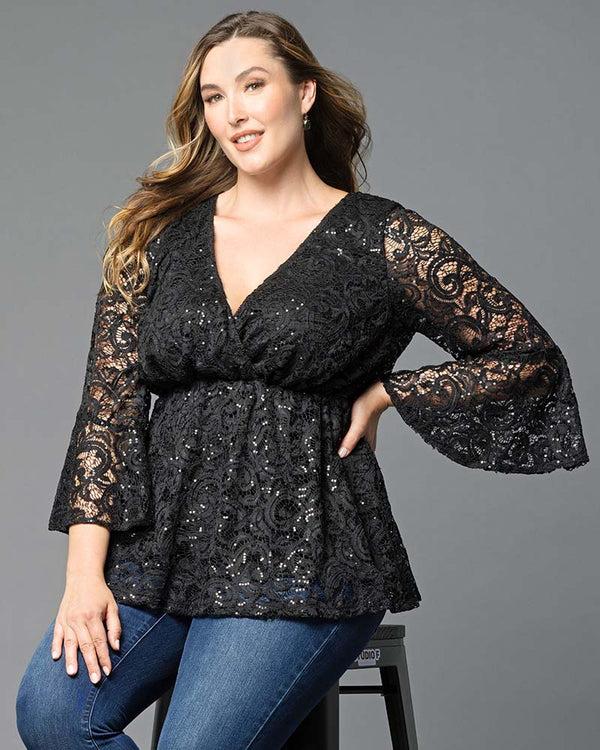 kiyonna Sequin Sparkle Bell Sleeve Lace Top - Sale
