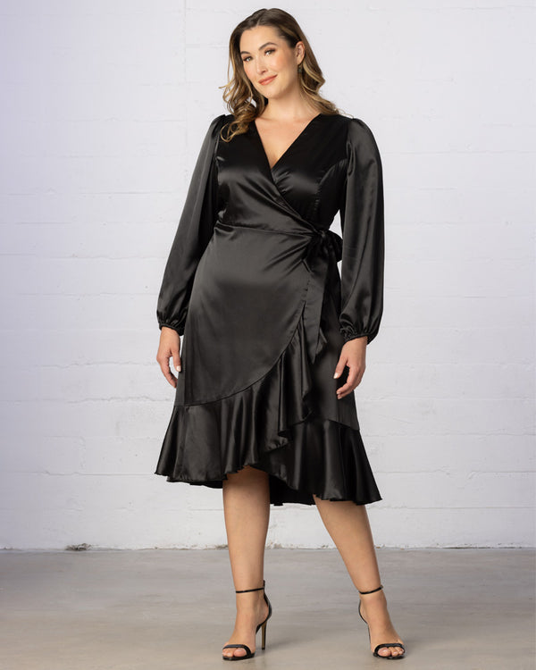 Kiyonna Serena Satin Ruffle Wrap Dress - Sale