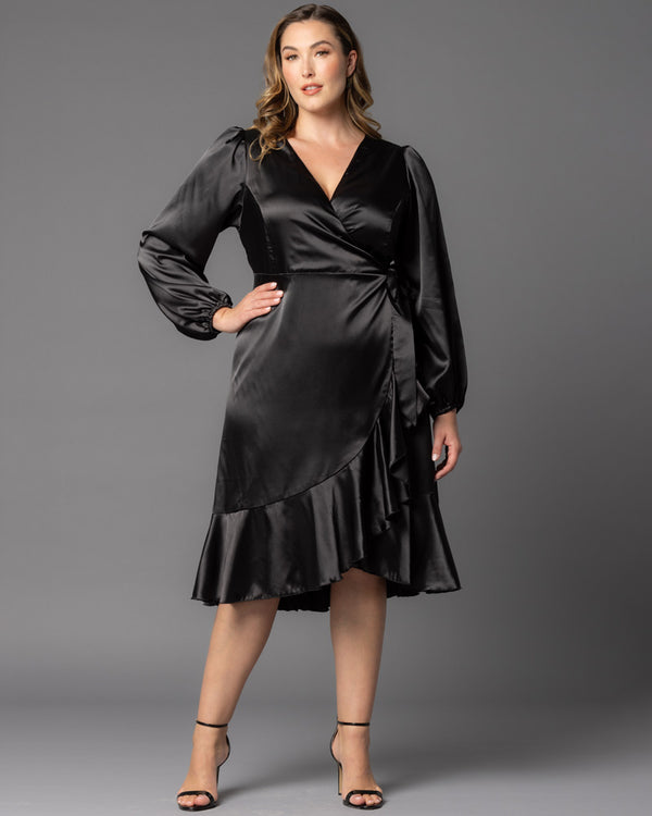 kiyonna Serena Satin Ruffle Wrap Dress - Sale