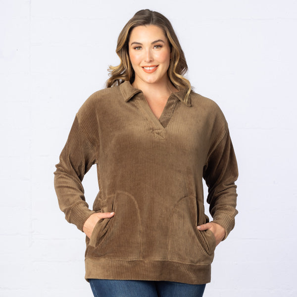 kiyonna Oversized Collared Corduroy Pullover Tunic Top - Final Sale