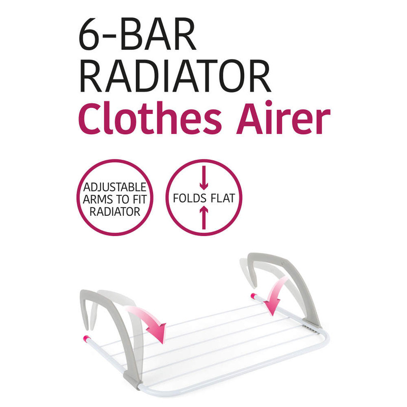 Kleeneze 6-Bar Radiator Attachable Airer For Hand Towels Or Clothes Grey/Pink