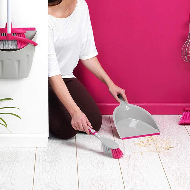 Kleeneze Deluxe Space Saving Dustpan And Brush Set Grey/Pink