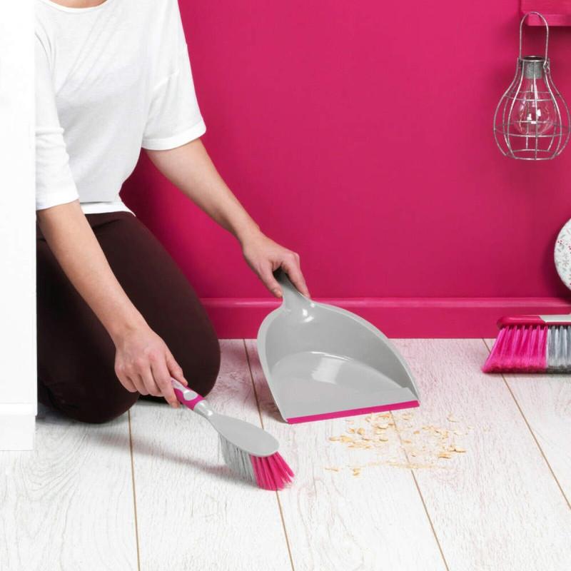 Kleeneze Deluxe Space Saving Dustpans And Brushes Set Of 2 Grey/Pink