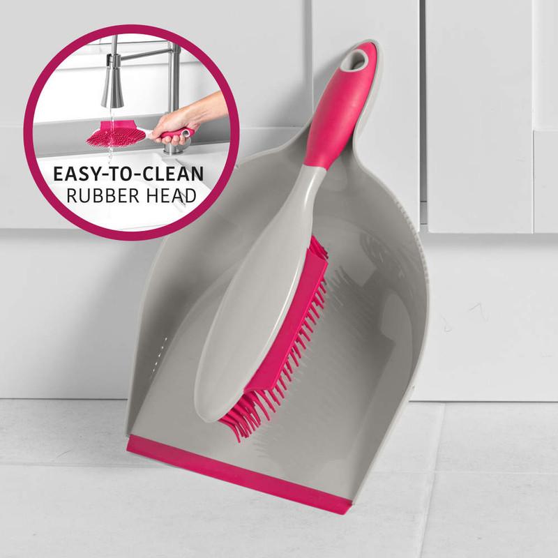 Kleeneze Rubber Head Dustpan And Brush With Squeegee Edge Pink/Grey