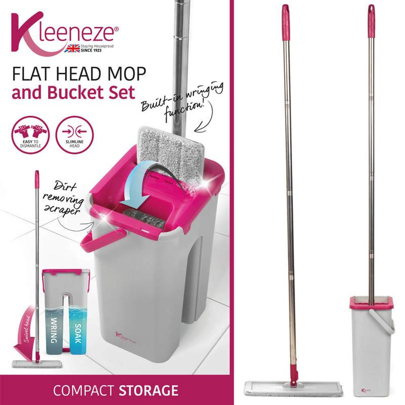 Kleeneze Slimline Flat Head Mop And Bucket Set Pink/Grey