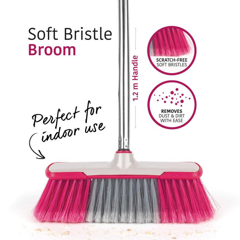 Kleeneze Soft-Bristle Broom Stainless Steel Grey/Pink