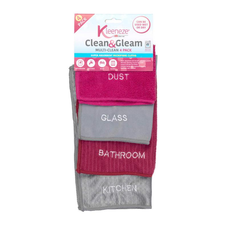 kleeneze Super Absorbent Microfibre Cloths for Cleaning and Removing Bacteria Pack of 4 Pink and Grey