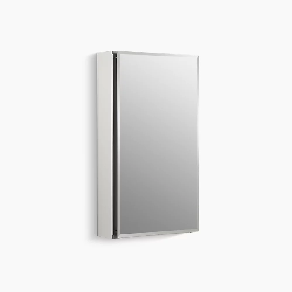 kohler 15" W x 26" H aluminum single-door medicine cabinet with mirrored door beveled edges