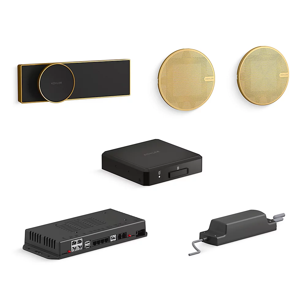 kohler Anthem+™ digital control and and SoundTile® shower speakers in Vibrant Brushed Moderne Brass with Anthem+™ controller module and amplifier module