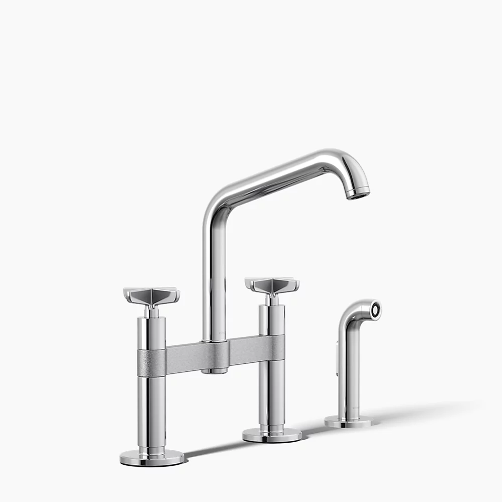kohler Billet™Two-hole bridge kitchen sink faucet with side sprayer