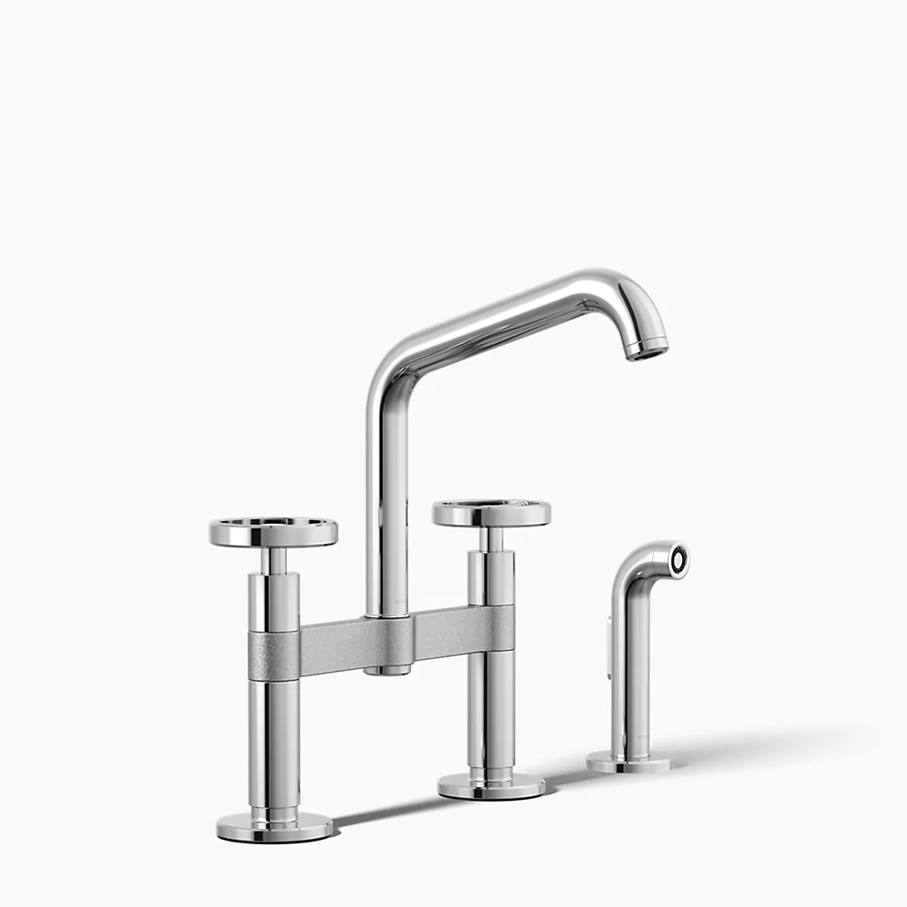 kohler Billet™Two-hole bridge kitchen sink faucet with side sprayer