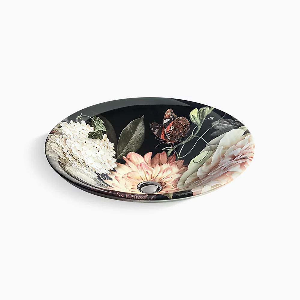 kohler Dutchmaster Blush Floral™ Carillon®17-3/4" round drop-in bathroom sink no overflow