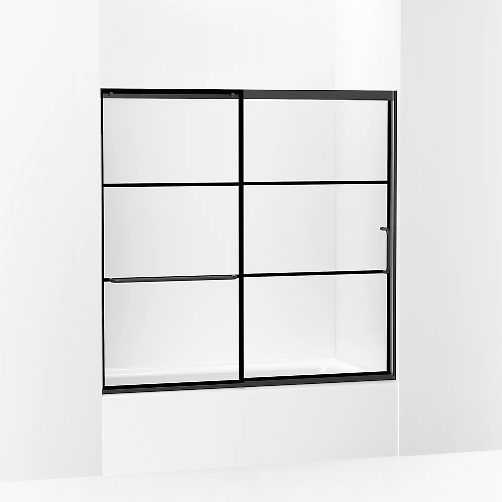 kohler Elate®Sliding bath door 56-3/4" H x 56-1/4 - 59-5/8" W with heavy 5/16" thick Crystal Clear glass with rectangular grille pattern