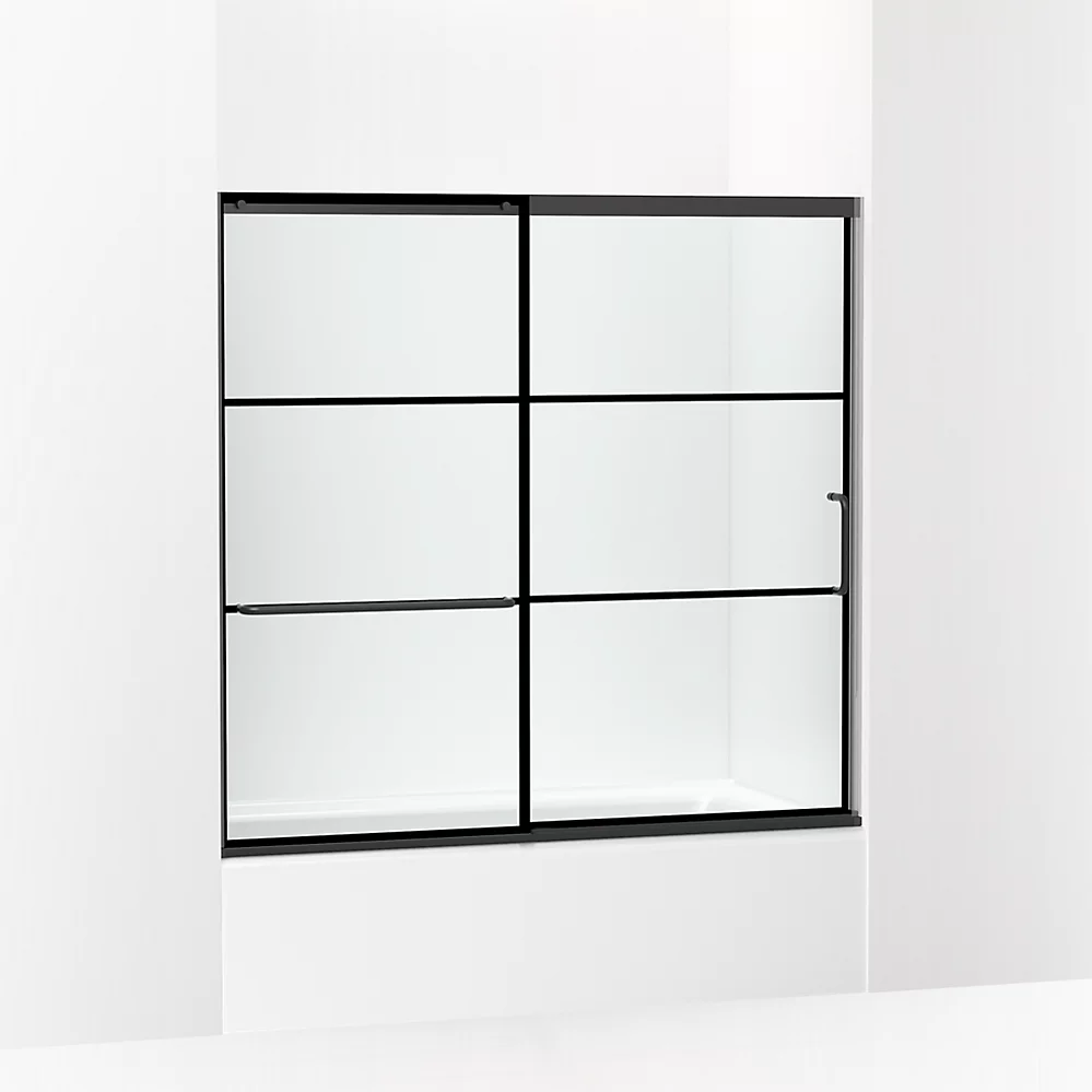 kohler Elate®Sliding bath door 56-3/4" H x 56-1/4 - 59-5/8" W with 1/4" thick Crystal Clear glass with rectangular grille pattern