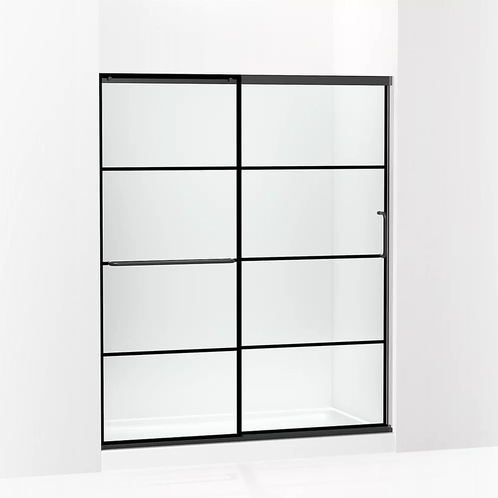 kohler Elate®Sliding shower door 70-1/2" H x 56-1/4 - 59-5/8" W with 1/4" thick Crystal Clear glass with rectangular grille pattern