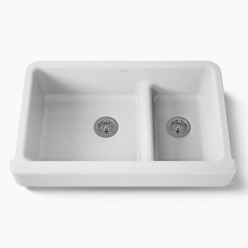 kohler Whitehaven®Smart Divide® 35-1/2" undermount double-bowl farmhouse kitchen sink with short apron