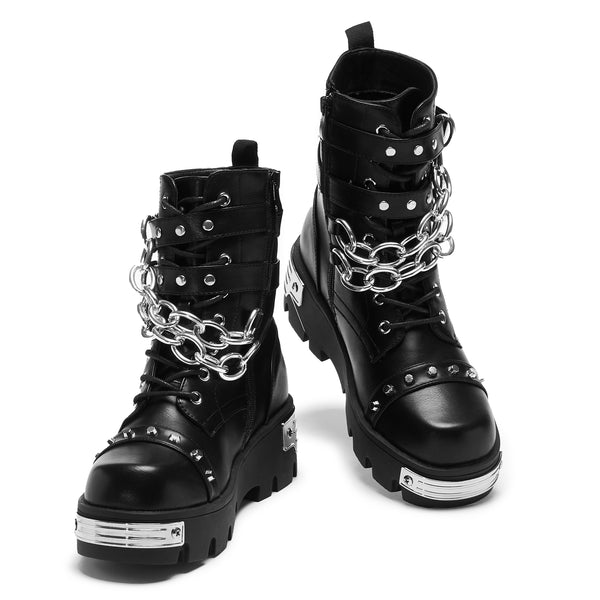Koi Footwear Shackled Shadows Heavy Duty Chain Biker Boots - Black