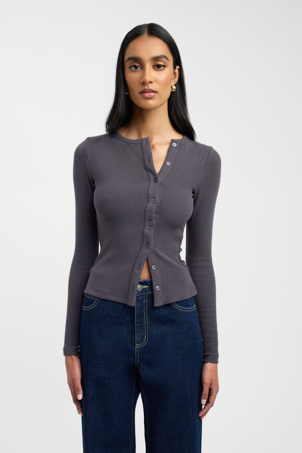 Kookai Bec Button Long Sleeve Top Charcoal