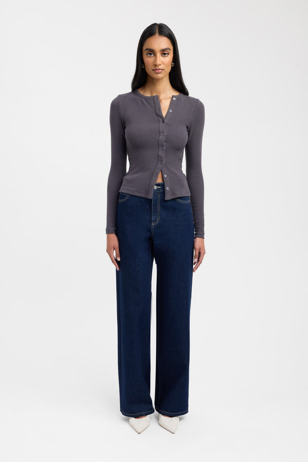 kookai Bec Button Long Sleeve Top Charcoal