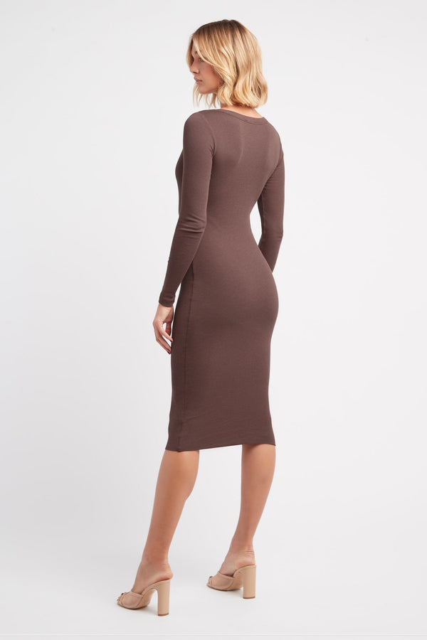Kookai Dasha Long Sleeve Midi Dress Brunette