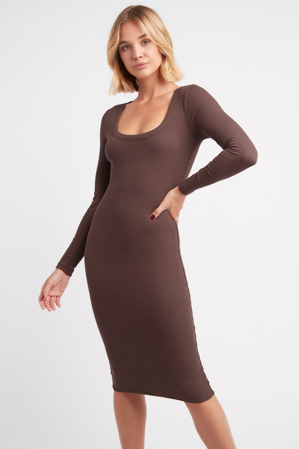 kookai Dasha Long Sleeve Midi Dress Brunette