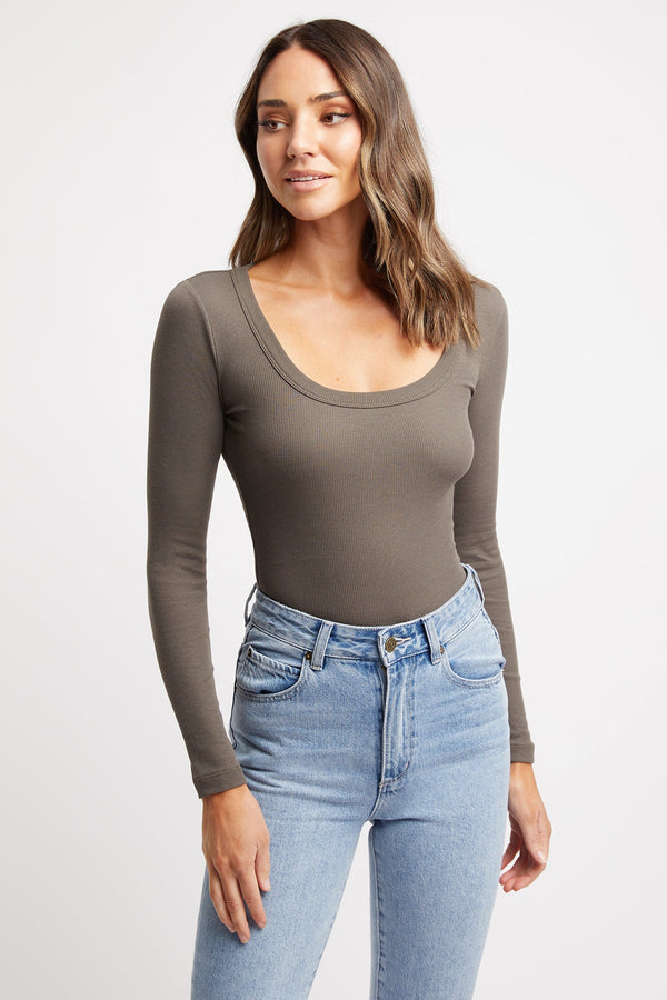 kookai Dasha Long Sleeve Top Dark Khaki