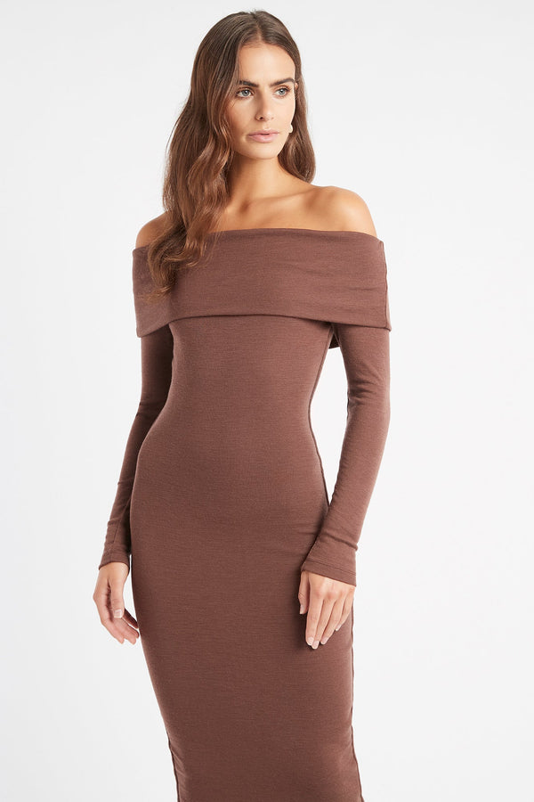 Kookai Elise Long Sleeve Midi Dress Brunette