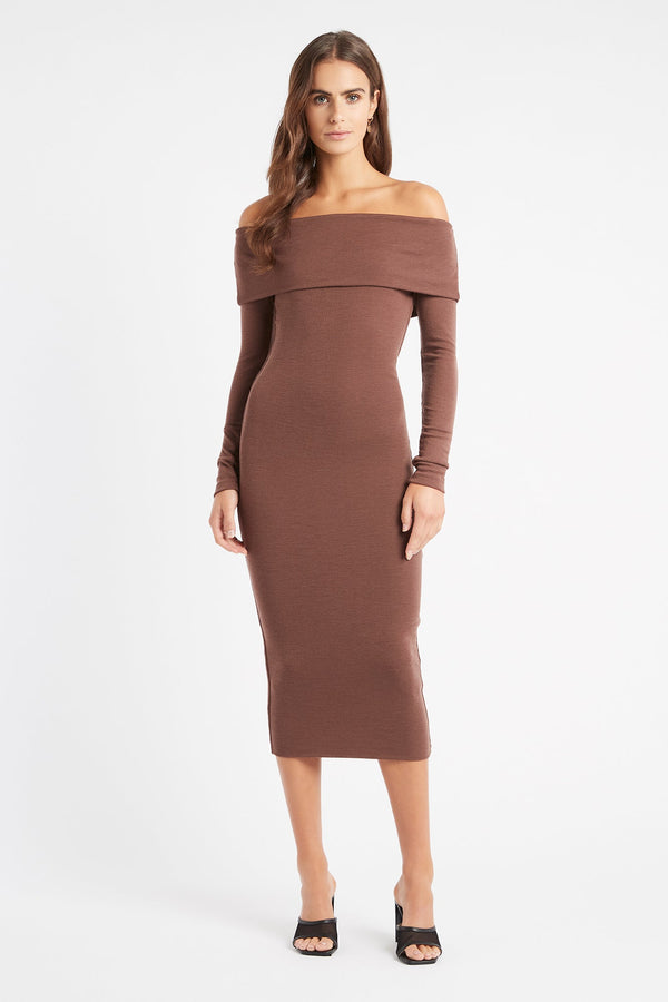 kookai Elise Long Sleeve Midi Dress Brunette
